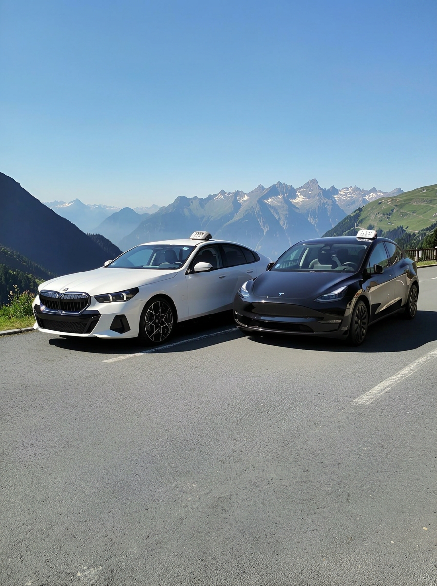 BMW et Tesla ABC Taxi sur route de montagne