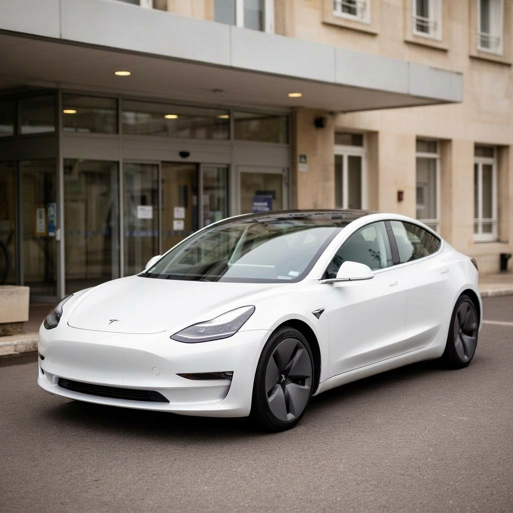 Tesla blanche ABC Taxi devant un hôpital